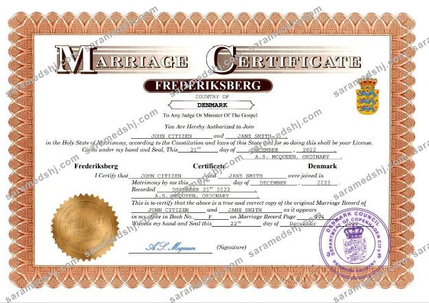 Denmark marriage certificate Word and PDF template
